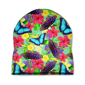 Шапка 3D с принтом Summer Butterflies в Новосибирске, 100% полиэстер | универсальный размер, печать по всей поверхности изделия | бабочки | лето | пестрый | разноцветный