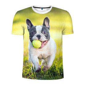 Мужская футболка 3D спортивная с принтом Бульдог в Новосибирске, 100% полиэстер с улучшенными характеристиками | приталенный силуэт, круглая горловина, широкие плечи, сужается к линии бедра | бульдог | лето | мячик | радость | собака | солнце