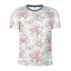 Мужская футболка 3D спортивная с принтом Flower pattern в Новосибирске, 100% полиэстер с улучшенными характеристиками | приталенный силуэт, круглая горловина, широкие плечи, сужается к линии бедра | белый | паттерн | розовый | цветы