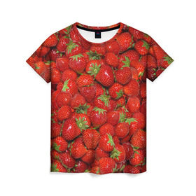 Женская футболка 3D с принтом Клубнички в Новосибирске, 100% полиэфир ( синтетическое хлопкоподобное полотно) | прямой крой, круглый вырез горловины, длина до линии бедер | красный | летний | фото | ягода