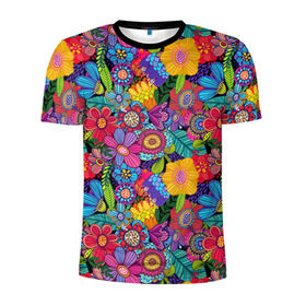 Мужская футболка 3D спортивная с принтом Яркие цветы в Новосибирске, 100% полиэстер с улучшенными характеристиками | приталенный силуэт, круглая горловина, широкие плечи, сужается к линии бедра | летний | разноцветный | цветы | яркий