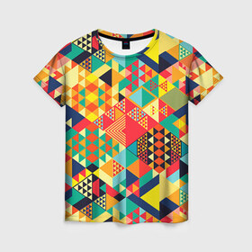 Женская футболка 3D с принтом Геометрия в Новосибирске, 100% полиэфир ( синтетическое хлопкоподобное полотно) | прямой крой, круглый вырез горловины, длина до линии бедер | лоскутное шитье | паттерн | пестрый | разноцветный | треугольники