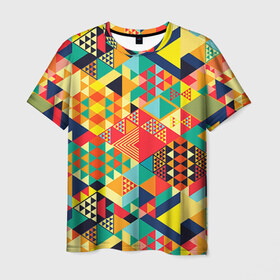 Мужская футболка 3D с принтом Геометрия в Новосибирске, 100% полиэфир | прямой крой, круглый вырез горловины, длина до линии бедер | Тематика изображения на принте: лоскутное шитье | паттерн | пестрый | разноцветный | треугольники