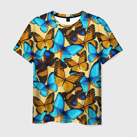 Мужская футболка 3D с принтом Бабочки в Новосибирске, 100% полиэфир | прямой крой, круглый вырез горловины, длина до линии бедер | коричневый | синий
