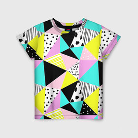 Детская футболка 3D с принтом Треугольнички в Новосибирске, 100% гипоаллергенный полиэфир | прямой крой, круглый вырез горловины, длина до линии бедер, чуть спущенное плечо, ткань немного тянется | лоскутное шитье | полигоны | разноцветный | яркий