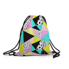Рюкзак-мешок 3D с принтом Треугольнички в Новосибирске, 100% полиэстер | плотность ткани — 200 г/м2, размер — 35 х 45 см; лямки — толстые шнурки, застежка на шнуровке, без карманов и подкладки | лоскутное шитье | полигоны | разноцветный | яркий