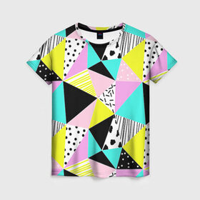 Женская футболка 3D с принтом Треугольнички в Новосибирске, 100% полиэфир ( синтетическое хлопкоподобное полотно) | прямой крой, круглый вырез горловины, длина до линии бедер | Тематика изображения на принте: лоскутное шитье | полигоны | разноцветный | яркий