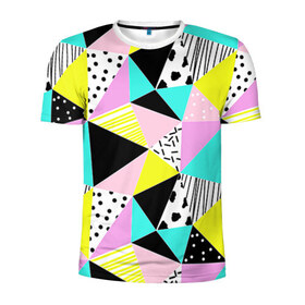 Мужская футболка 3D спортивная с принтом Треугольнички в Новосибирске, 100% полиэстер с улучшенными характеристиками | приталенный силуэт, круглая горловина, широкие плечи, сужается к линии бедра | лоскутное шитье | полигоны | разноцветный | яркий