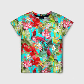 Детская футболка 3D с принтом Тропический мир в Новосибирске, 100% гипоаллергенный полиэфир | прямой крой, круглый вырез горловины, длина до линии бедер, чуть спущенное плечо, ткань немного тянется | Тематика изображения на принте: паттерн | разноцветный | тропики | цветы | яркий