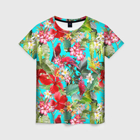 Женская футболка 3D с принтом Тропический мир в Новосибирске, 100% полиэфир ( синтетическое хлопкоподобное полотно) | прямой крой, круглый вырез горловины, длина до линии бедер | паттерн | разноцветный | тропики | цветы | яркий