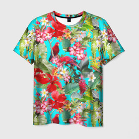 Мужская футболка 3D с принтом Тропический мир в Новосибирске, 100% полиэфир | прямой крой, круглый вырез горловины, длина до линии бедер | паттерн | разноцветный | тропики | цветы | яркий