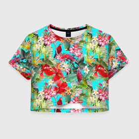 Женская футболка 3D укороченная с принтом Тропический мир в Новосибирске, 100% полиэстер | круглая горловина, длина футболки до линии талии, рукава с отворотами | паттерн | разноцветный | тропики | цветы | яркий