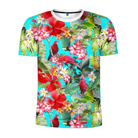 Мужская футболка 3D спортивная с принтом Тропический мир в Новосибирске, 100% полиэстер с улучшенными характеристиками | приталенный силуэт, круглая горловина, широкие плечи, сужается к линии бедра | Тематика изображения на принте: паттерн | разноцветный | тропики | цветы | яркий