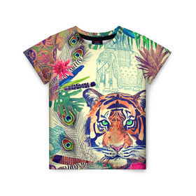 Детская футболка 3D с принтом Индия в Новосибирске, 100% гипоаллергенный полиэфир | прямой крой, круглый вырез горловины, длина до линии бедер, чуть спущенное плечо, ткань немного тянется | flower | summer | swag | trend | животные | лето | популярное | сваг | свег | тигр | тренд | хит | цветочки | цветы