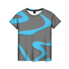 Женская футболка 3D с принтом Кривые линии в Новосибирске, 100% полиэфир ( синтетическое хлопкоподобное полотно) | прямой крой, круглый вырез горловины, длина до линии бедер | асфальт | белый | вышивка | кривые линии | мокрый | серый | строчка | цвет
