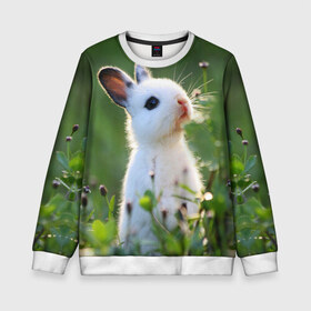 Детский свитшот 3D с принтом Кролик в Новосибирске, 100% полиэстер | свободная посадка, прямой крой, мягкая тканевая резинка на рукавах и понизу свитшота | Тематика изображения на принте: animal | baby | cute | flowers | fluffy | hare | lawn | little | meadow | rabbit | животное | заяц | кролик | луг | лужайка | маленький | малыш | милый | пушистый | цветы
