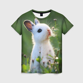 Женская футболка 3D с принтом Кролик в Новосибирске, 100% полиэфир ( синтетическое хлопкоподобное полотно) | прямой крой, круглый вырез горловины, длина до линии бедер | animal | baby | cute | flowers | fluffy | hare | lawn | little | meadow | rabbit | животное | заяц | кролик | луг | лужайка | маленький | малыш | милый | пушистый | цветы
