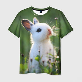 Мужская футболка 3D с принтом Кролик в Новосибирске, 100% полиэфир | прямой крой, круглый вырез горловины, длина до линии бедер | Тематика изображения на принте: animal | baby | cute | flowers | fluffy | hare | lawn | little | meadow | rabbit | животное | заяц | кролик | луг | лужайка | маленький | малыш | милый | пушистый | цветы