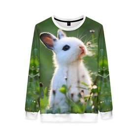 Женский свитшот 3D с принтом Кролик в Новосибирске, 100% полиэстер с мягким внутренним слоем | круглый вырез горловины, мягкая резинка на манжетах и поясе, свободная посадка по фигуре | animal | baby | cute | flowers | fluffy | hare | lawn | little | meadow | rabbit | животное | заяц | кролик | луг | лужайка | маленький | малыш | милый | пушистый | цветы