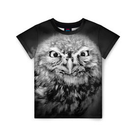 Детская футболка 3D с принтом Сова в Новосибирске, 100% гипоаллергенный полиэфир | прямой крой, круглый вырез горловины, длина до линии бедер, чуть спущенное плечо, ткань немного тянется | beak | bird | eyes | fear | hypnosis | look | night | owl | predator | взгляд | гипноз | глаза | клюв | ночь | птица | сова | хищник