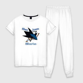 Женская пижама хлопок с принтом San Jose Sharks hockey в Новосибирске, 100% хлопок | брюки и футболка прямого кроя, без карманов, на брюках мягкая резинка на поясе и по низу штанин | nhl | san jose sharks | спорт | хоккей
