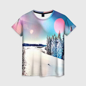 Женская футболка 3D с принтом Тропа в Новосибирске, 100% полиэфир ( синтетическое хлопкоподобное полотно) | прямой крой, круглый вырез горловины, длина до линии бедер | зима | природа | снег | снежный | солнце