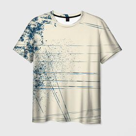 Мужская футболка 3D с принтом Текстура в Новосибирске, 100% полиэфир | прямой крой, круглый вырез горловины, длина до линии бедер | бежевый | кляксы | краски | линии | синий | текстура | узоры | цвет