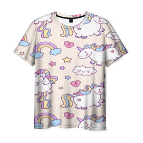 Мужская футболка 3D с принтом Радужные Единорожки в Новосибирске, 100% полиэфир | прямой крой, круглый вырез горловины, длина до линии бедер | Тематика изображения на принте: unicorn | белый | единорог | лошадь | облако | радуга | розовый | сердце | улыбка | фиолетовый | цвет