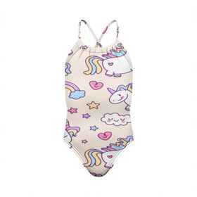 Детский купальник 3D с принтом Радужные Единорожки в Новосибирске, Полиэстер 85%, Спандекс 15% | Слитный крой, подклад по переду изделия, узкие бретели | unicorn | белый | единорог | лошадь | облако | радуга | розовый | сердце | улыбка | фиолетовый | цвет