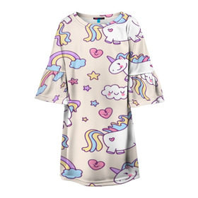 Детское платье 3D с принтом Радужные Единорожки в Новосибирске, 100% полиэстер | прямой силуэт, чуть расширенный к низу. Круглая горловина, на рукавах — воланы | unicorn | белый | единорог | лошадь | облако | радуга | розовый | сердце | улыбка | фиолетовый | цвет