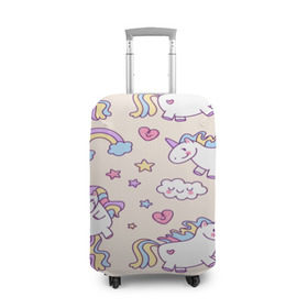 Чехол для чемодана 3D с принтом Радужные Единорожки в Новосибирске, 86% полиэфир, 14% спандекс | двустороннее нанесение принта, прорези для ручек и колес | unicorn | белый | единорог | лошадь | облако | радуга | розовый | сердце | улыбка | фиолетовый | цвет