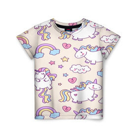 Детская футболка 3D с принтом Радужные Единорожки в Новосибирске, 100% гипоаллергенный полиэфир | прямой крой, круглый вырез горловины, длина до линии бедер, чуть спущенное плечо, ткань немного тянется | Тематика изображения на принте: unicorn | белый | единорог | лошадь | облако | радуга | розовый | сердце | улыбка | фиолетовый | цвет