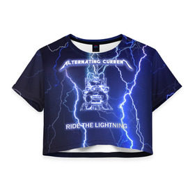 Женская футболка 3D укороченная с принтом Metallica - Ride the Lightning в Новосибирске, 100% полиэстер | круглая горловина, длина футболки до линии талии, рукава с отворотами | album | metal | metallica | ride the lightning | rock | альбом | метал | металлика | молния | рок