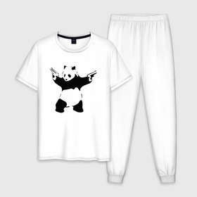 Мужская пижама хлопок с принтом Panda & Guns в Новосибирске, 100% хлопок | брюки и футболка прямого кроя, без карманов, на брюках мягкая резинка на поясе и по низу штанин
 | panda | крутой | оружие | панда | пистолет | револьвер | рисунок