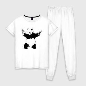 Женская пижама хлопок с принтом Panda & Guns в Новосибирске, 100% хлопок | брюки и футболка прямого кроя, без карманов, на брюках мягкая резинка на поясе и по низу штанин | panda | крутой | оружие | панда | пистолет | револьвер | рисунок
