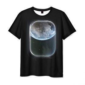 Мужская футболка 3D с принтом Земля в иллюминаторе в Новосибирске, 100% полиэфир | прямой крой, круглый вырез горловины, длина до линии бедер | земля | космический корабль | космос | планета