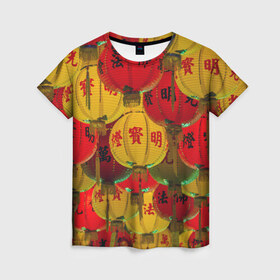 Женская футболка 3D с принтом Японские фонарики в Новосибирске, 100% полиэфир ( синтетическое хлопкоподобное полотно) | прямой крой, круглый вырез горловины, длина до линии бедер | азия | туризм | фонарики | этнография | япония