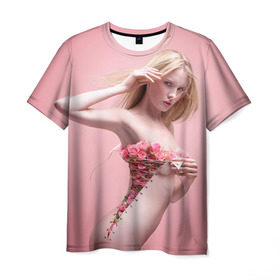 Мужская футболка 3D с принтом Сюрреализм в Новосибирске, 100% полиэфир | прямой крой, круглый вырез горловины, длина до линии бедер | blonde | flowers | girl | lace | naked | nude | photo | surrealism | блондинка | девушка | сюрреализм | фото | цветы | шнуровка