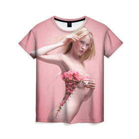 Женская футболка 3D с принтом Сюрреализм в Новосибирске, 100% полиэфир ( синтетическое хлопкоподобное полотно) | прямой крой, круглый вырез горловины, длина до линии бедер | blonde | flowers | girl | lace | naked | nude | photo | surrealism | блондинка | девушка | сюрреализм | фото | цветы | шнуровка