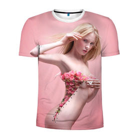 Мужская футболка 3D спортивная с принтом Сюрреализм в Новосибирске, 100% полиэстер с улучшенными характеристиками | приталенный силуэт, круглая горловина, широкие плечи, сужается к линии бедра | blonde | flowers | girl | lace | naked | nude | photo | surrealism | блондинка | девушка | сюрреализм | фото | цветы | шнуровка