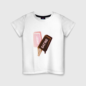 Детская футболка хлопок с принтом Мороженое. Eat Me в Новосибирске, 100% хлопок | круглый вырез горловины, полуприлегающий силуэт, длина до линии бедер | Тематика изображения на принте: eat | ice cream | sweet | вкус | вкусно | еда | лед | мороженое | сладкое | сладость | сливки