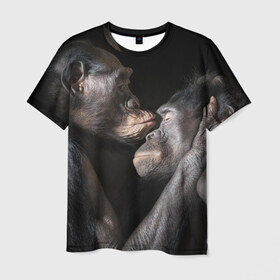 Мужская футболка 3D с принтом Шимпанзе в Новосибирске, 100% полиэфир | прямой крой, круглый вырез горловины, длина до линии бедер | chimps | family | feelings | kiss | monkeys | primates | любовь | обезьяны | поцелуй | приматы | семья | чувства | шимпанзе
