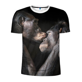 Мужская футболка 3D спортивная с принтом Шимпанзе в Новосибирске, 100% полиэстер с улучшенными характеристиками | приталенный силуэт, круглая горловина, широкие плечи, сужается к линии бедра | chimps | family | feelings | kiss | monkeys | primates | любовь | обезьяны | поцелуй | приматы | семья | чувства | шимпанзе