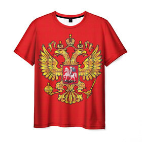 Мужская футболка 3D с принтом Герб России в Новосибирске, 100% полиэфир | прямой крой, круглый вырез горловины, длина до линии бедер | вышивка | герб россии | двуглавый орел | держава | красный | москва | скипетр | фон