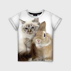 Детская футболка 3D с принтом Кот и кролик в Новосибирске, 100% гипоаллергенный полиэфир | прямой крой, круглый вырез горловины, длина до линии бедер, чуть спущенное плечо, ткань немного тянется | cat | cute | fluffy | friends | friendship | hug | kitty | rabbit | toddlers | дружба | друзья | кот | котенок | кролик | любовь | малыши | милые | обнимаются | пушистые