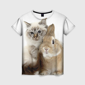 Женская футболка 3D с принтом Кот и кролик в Новосибирске, 100% полиэфир ( синтетическое хлопкоподобное полотно) | прямой крой, круглый вырез горловины, длина до линии бедер | cat | cute | fluffy | friends | friendship | hug | kitty | rabbit | toddlers | дружба | друзья | кот | котенок | кролик | любовь | малыши | милые | обнимаются | пушистые