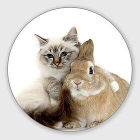 Коврик круглый с принтом Кот и кролик в Новосибирске, резина и полиэстер | круглая форма, изображение наносится на всю лицевую часть | Тематика изображения на принте: cat | cute | fluffy | friends | friendship | hug | kitty | rabbit | toddlers | дружба | друзья | кот | котенок | кролик | любовь | малыши | милые | обнимаются | пушистые