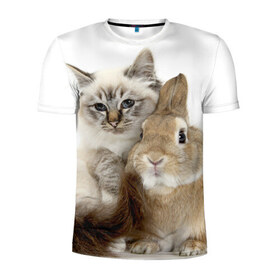 Мужская футболка 3D спортивная с принтом Кот и кролик в Новосибирске, 100% полиэстер с улучшенными характеристиками | приталенный силуэт, круглая горловина, широкие плечи, сужается к линии бедра | Тематика изображения на принте: cat | cute | fluffy | friends | friendship | hug | kitty | rabbit | toddlers | дружба | друзья | кот | котенок | кролик | любовь | малыши | милые | обнимаются | пушистые