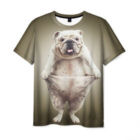 Мужская футболка 3D с принтом Бульдог английский в Новосибирске, 100% полиэфир | прямой крой, круглый вырез горловины, длина до линии бедер | animals | breed | dog | english bulldog | funny | joke | pants | surrealism | бульдог английский | животное | порода | прикол | собака | сюрреализм | шутка