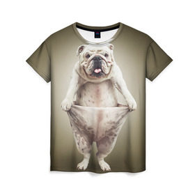 Женская футболка 3D с принтом Бульдог английский в Новосибирске, 100% полиэфир ( синтетическое хлопкоподобное полотно) | прямой крой, круглый вырез горловины, длина до линии бедер | animals | breed | dog | english bulldog | funny | joke | pants | surrealism | бульдог английский | животное | порода | прикол | собака | сюрреализм | шутка
